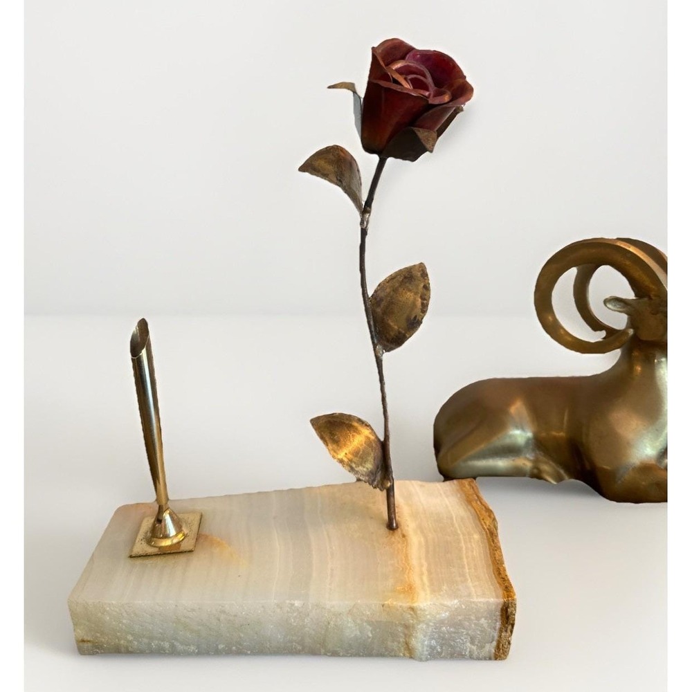 Vintage MCM Gold Brass Metal Enameled Rose Flower Marble Onyx Pen Holder RARE